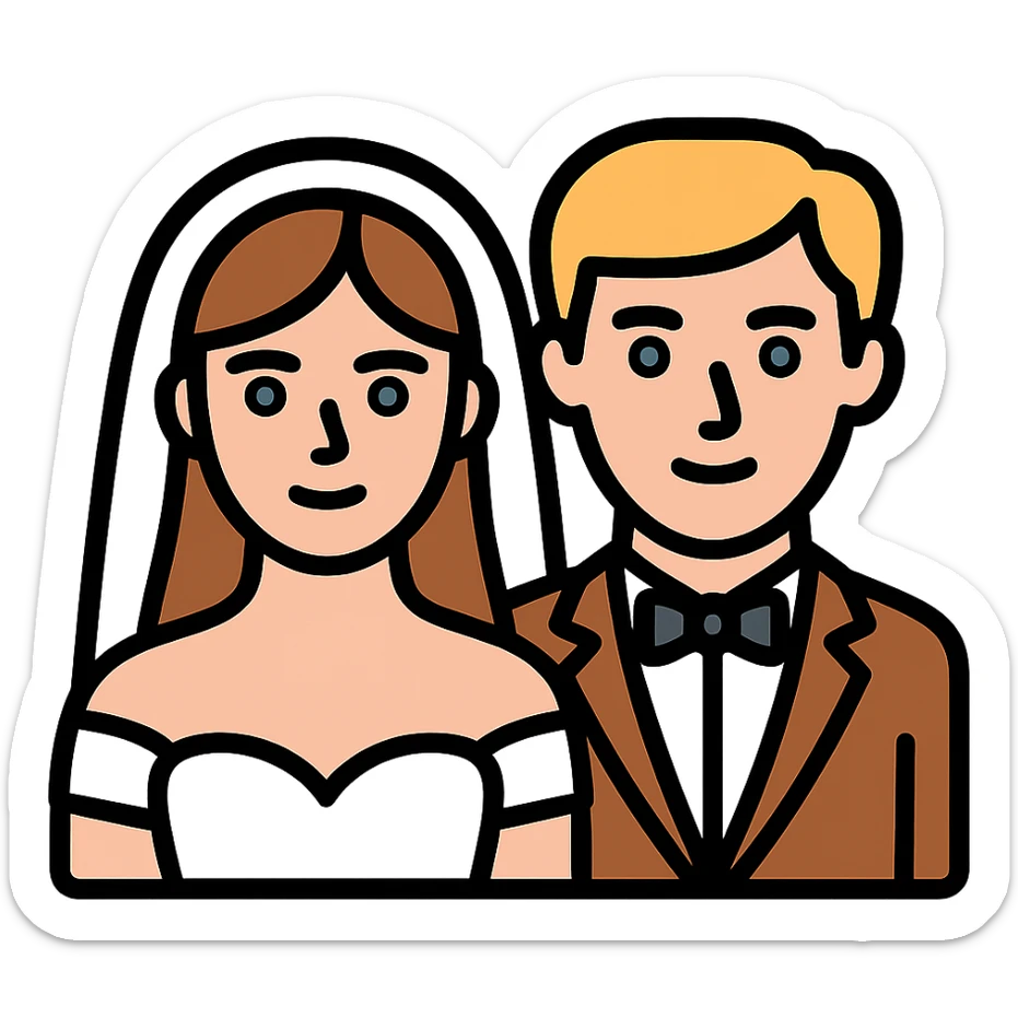 portrait of a bride with light brown hair and grey-blue eyes, and a groom with blonde hair, blue eyes, wearing a brown suit sticker