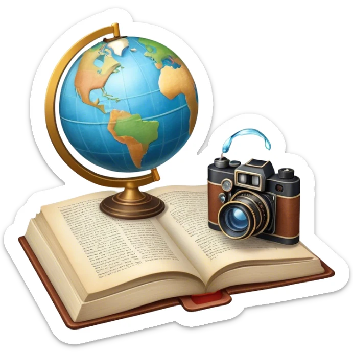 Icon for Documentary and Literary Fiction Reading: an open book with a mix of historical facts and vivid storytelling, featuring a globe, a fountain pen, and a vintage camera. The icon should represent the blend of reality and storytelling in documentary fiction. Transparent background. sticker