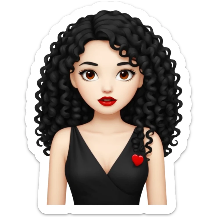 long black curly hair with white skin black dress and lipstick sticker