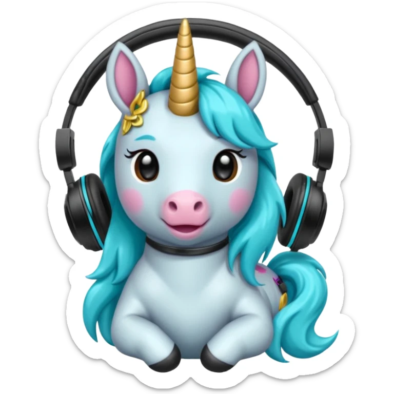 Unicornio bebé cyan sentado escuchando música con auriculares negros sticker
