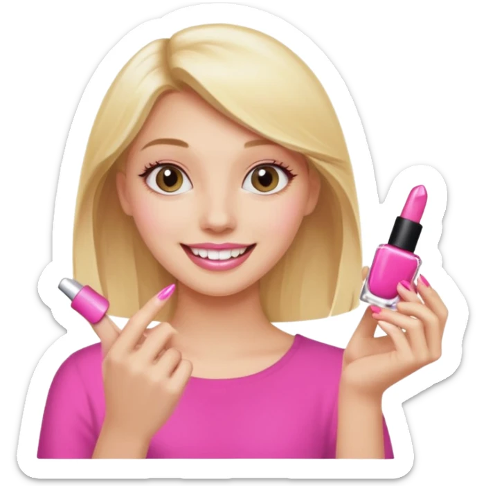 A happy blonde girl in pink holds nail polishes in her hand sticker