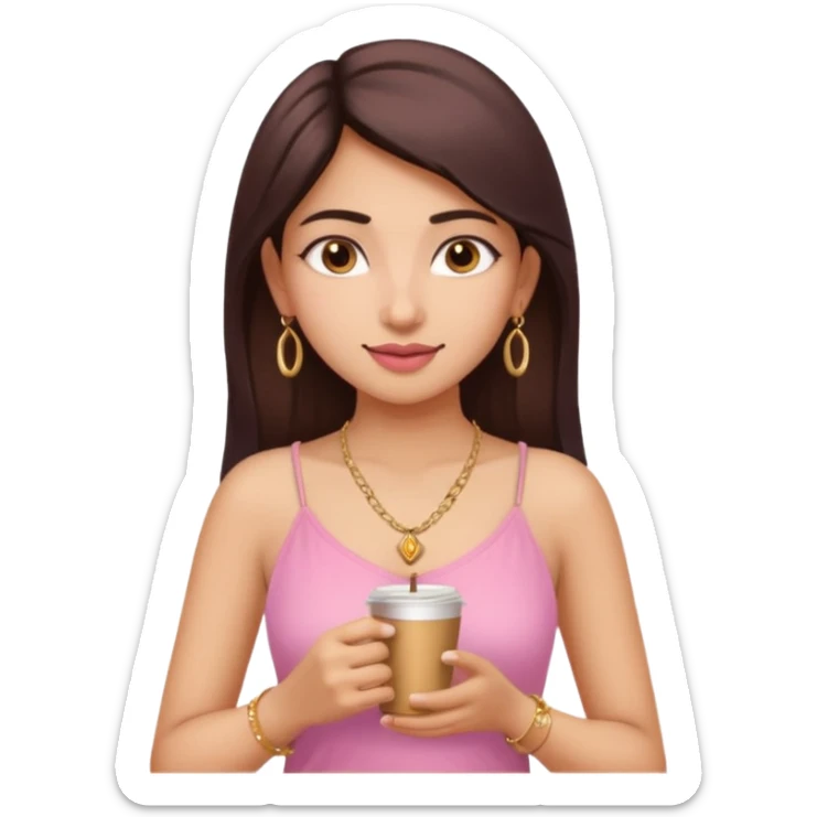 a pretty fair indian bratz girl with a pink cami top, drinking takeaway brown coffee, golden dainty necklace sticker