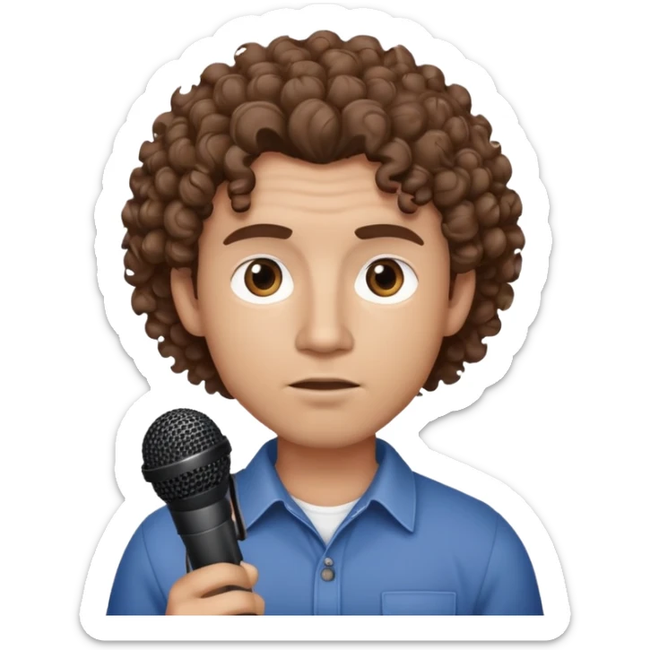 Reporter man with curly brown hair, no glasses, serious, and with a microphone sticker