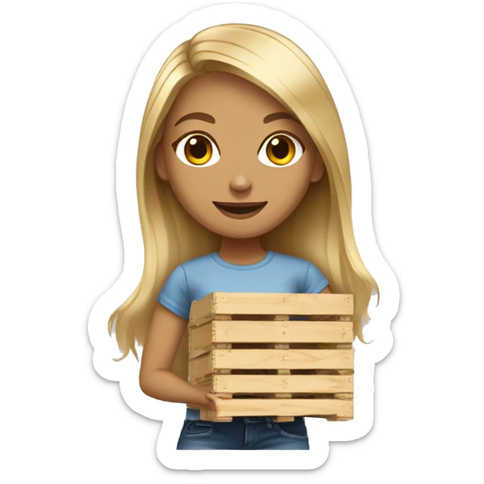 young long hair blonde woman in jeans tshirt and tennis shoes with a wooden pallet sticker