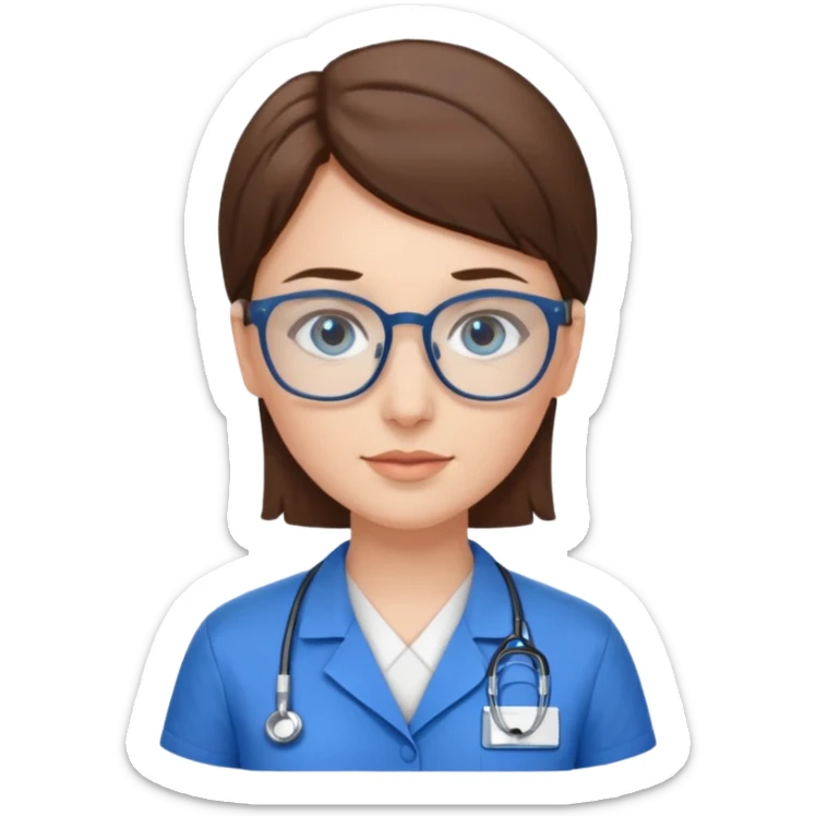 Blue eyes short brown hair with glasses woman in care assistant blue uniform sticker