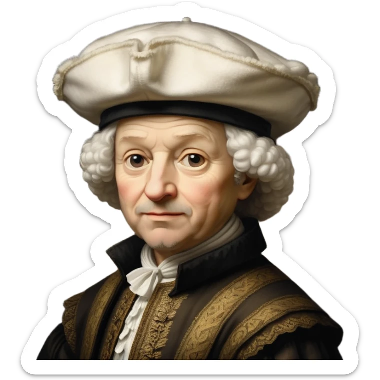 emoji of rembrandt,-shown-as-a-master-artist-with-deep,-introspective-eyes-and-richly-detailed-period-clothing,-rendered-with-dramatic-chiaroscuro-lighting-that-emphasizes-his-legacy white puffy hat sticker