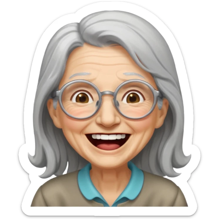 Old woman with long gray hair and glasses laughing out loud sticker