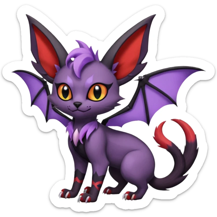 Black edgy Noivern-Noibat-Purloin-Torracat-Lykoi-Caracal-cat-Fakemon-fusion-hybrid-creature with with tufted ears, tufted tail, bat wings as ears, head wings, ear wings, vampiric, batty, violet and red scale markings sticker