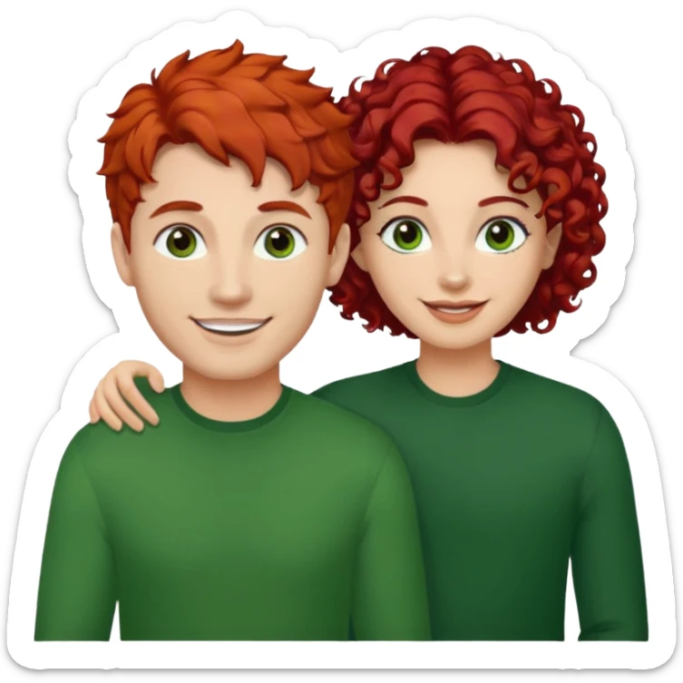 create a couple men with a red hair and browm eyes and woman with curly hair, black hair and green eyes sticker