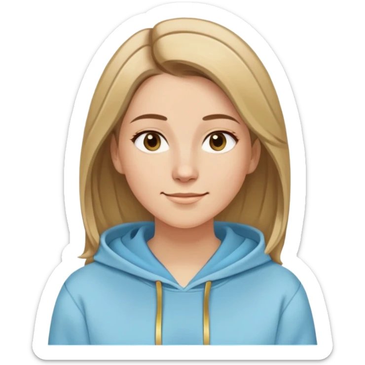 Caucasian woman, oval face, straight hair that is more brown than blonde with lighter blonde highlights, hair parted to the side, serene smile, dreamy expression, light blue hoodie with gold and white details sticker
