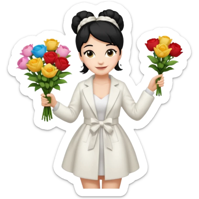 Chica blanca,cuerpo entero, vestido fiesta blanco ,manga larga ,con abrigo blanco ,pelo negro,    ramo de flores una mano, pelo recogido en moño alto sticker