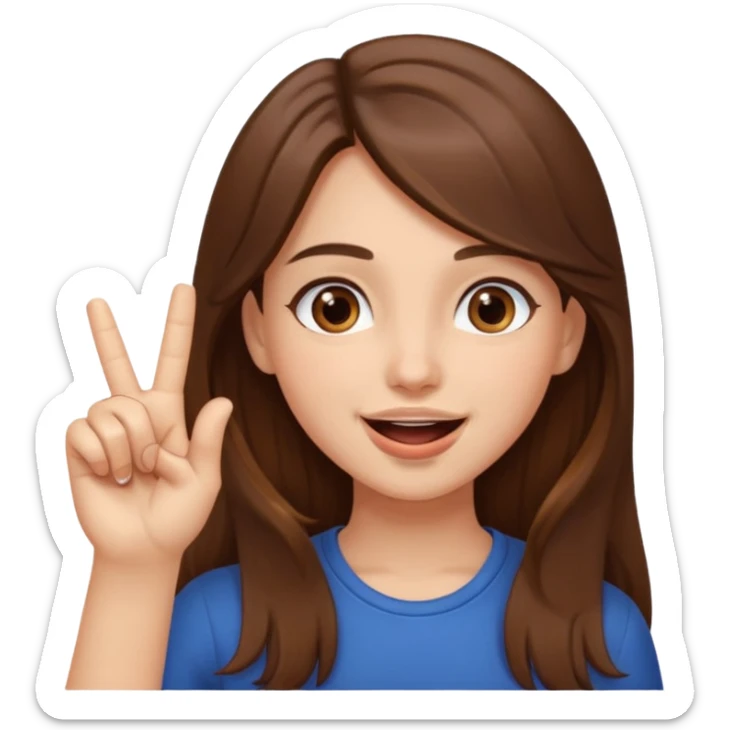 Emoji Fille cheveux long et brun yeux brun avec un doigt dans la bouche et sa mains un peut lancer et quel elle sourit  sticker