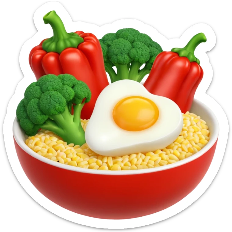 3D food emoji, glossy, smooth shapes, premium style,
broccoli, red bell pepper, rice bowl, chicken breast,
boiled eggs, vitamins bottle,
light warm background
 sticker