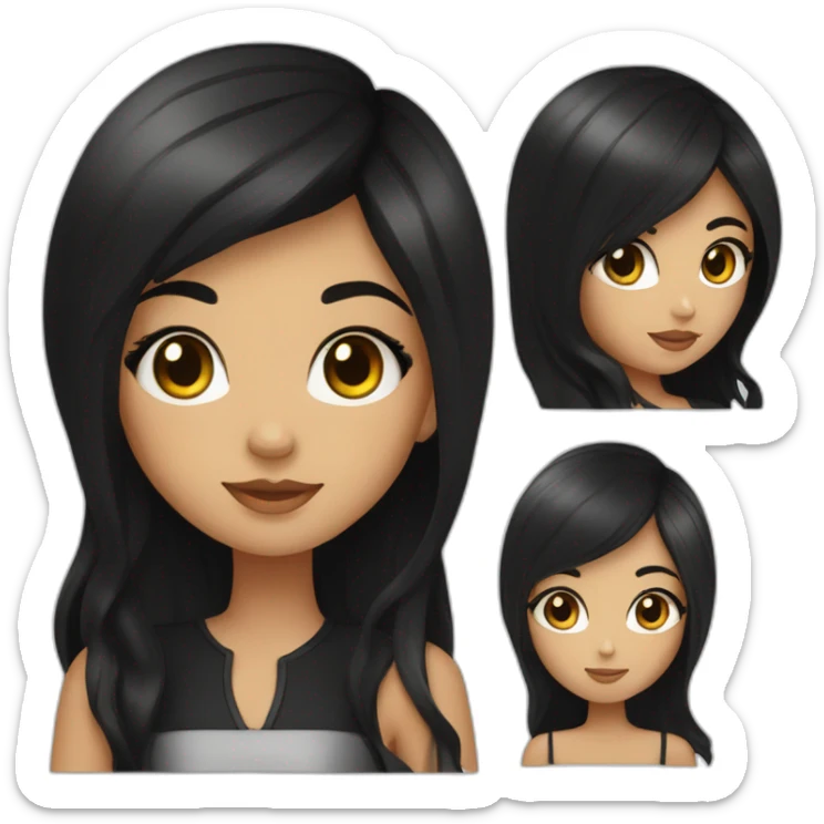 A girl not too white, not too brunette, with big straight black hair divided in the middle, with honey-colored eyes with a black dress with shine sticker