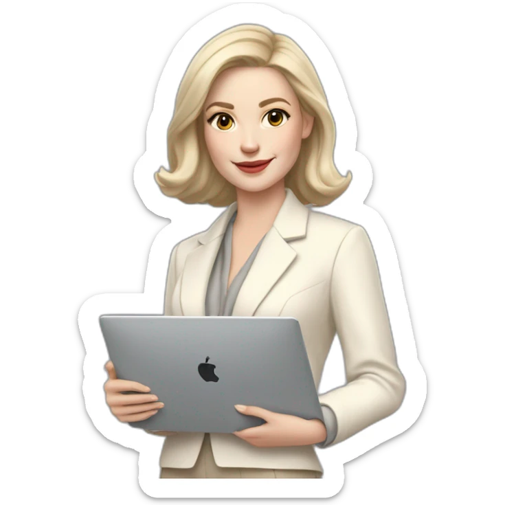 pale skin woman with ash blonde Straightened bob Hair, White Spacious classical jacket, beige palazzo Arrow pants and gray blouse holding a MacBook in the hands sticker