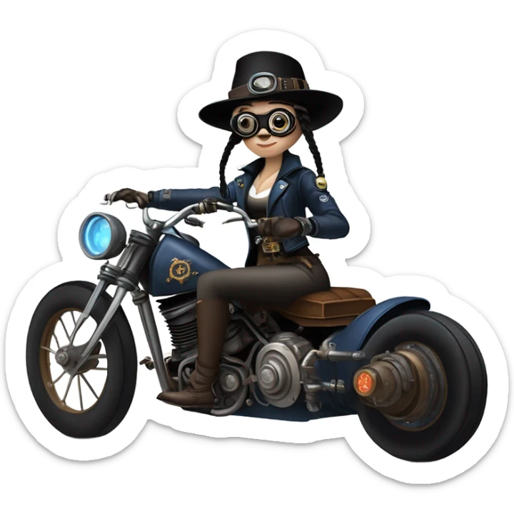 Bounty hunter Wednesday Addams Jedi wearing a pair of navy-blue rimmed steampunk goggles, hat, leather chaps, fringe jacket riding a relaxed sci-fi 3 wheeled steampunk rat rod motorcycle with large fenders and saddlebags in desert town  sticker