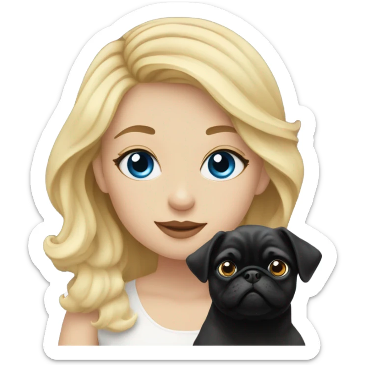Girl with wavy blonde hair and blue eyes, kissing a black pug sticker