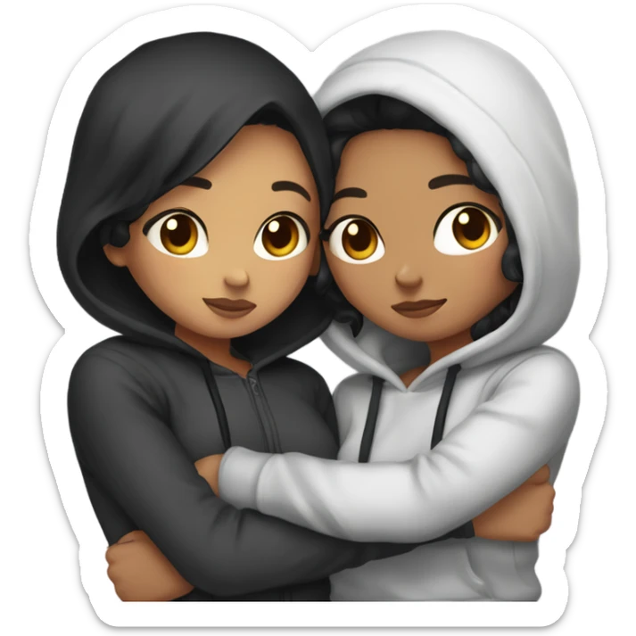 create a emoji of two girls who are girlfriends hugging. One of the is chinese with black short hair and the other one has curly hazel hair. Both wears hoodies in a streetwear way sticker