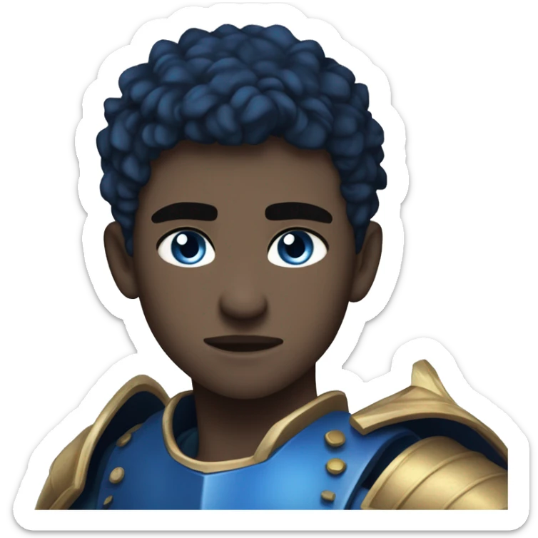 a 6'5" 19 years old Irish, teenage boy with slightly dark short hair. He wields a dark blue flaming sword, and wears a blue armor. He has blue eyes. He is very serious & strong  sticker