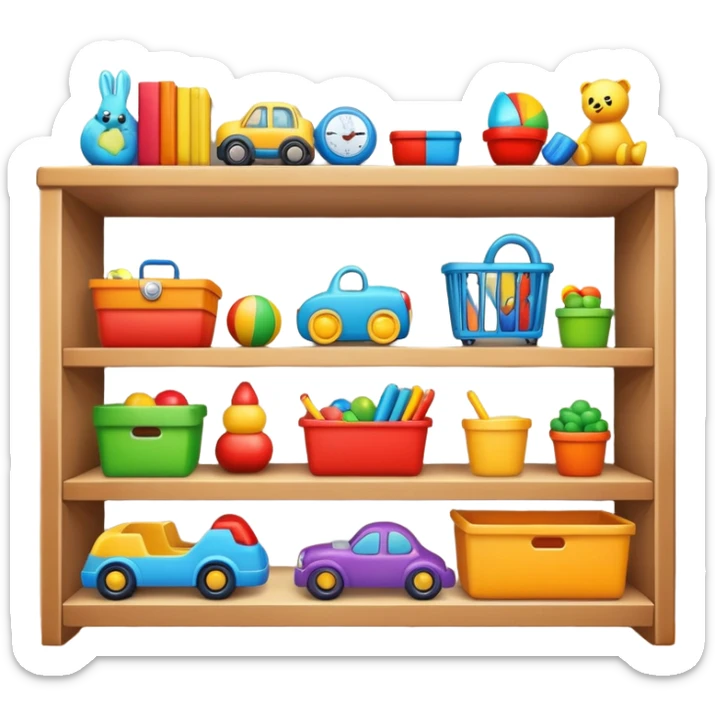 tidy room with toys neatly arranged on shelves, clear and inviting sticker