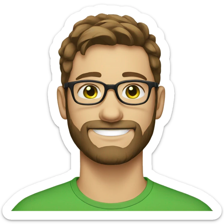 A man in his twenties, brown hair, brown beard, green eyes and wearing glasses, white skin sticker