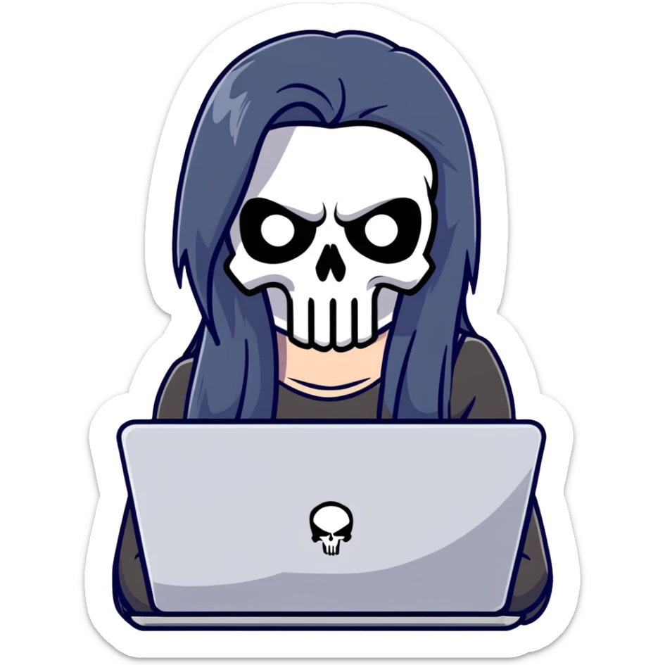girl Punisher skull with straight long black hair typing on laptop sticker