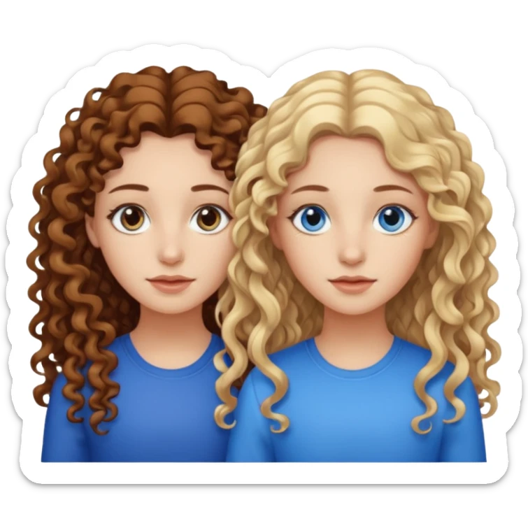Twin sisters, one has brown eyes, long curly brown hair, the other one has blond hair and blue eyes sticker