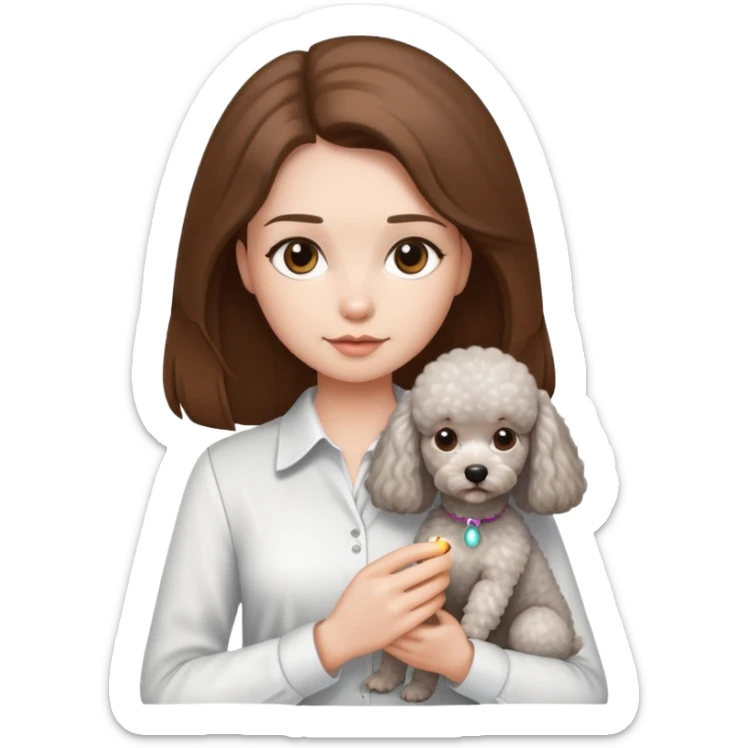 A girl with long straight hair and a white shirt is holding a small light gray poodle sticker