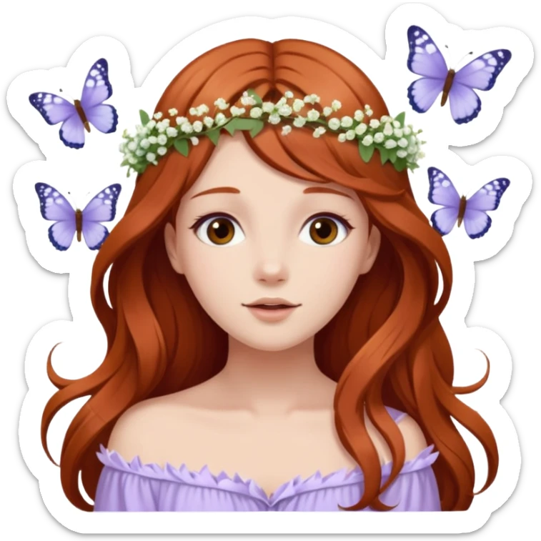 Woman with long flowing auburn hair wearing a flower crown with pale lavender flowers and white baby's breath in it and butterflies flying around it sticker