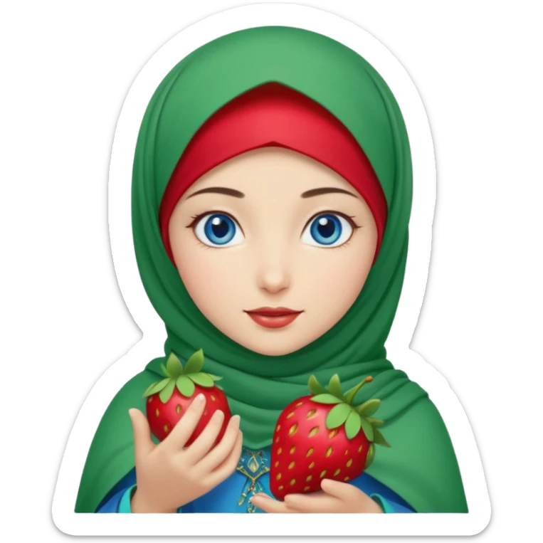 Turkish beautiful finish Konya girl blue eyes with red light green hijab islamic dress and had on her hand strawberry  sticker