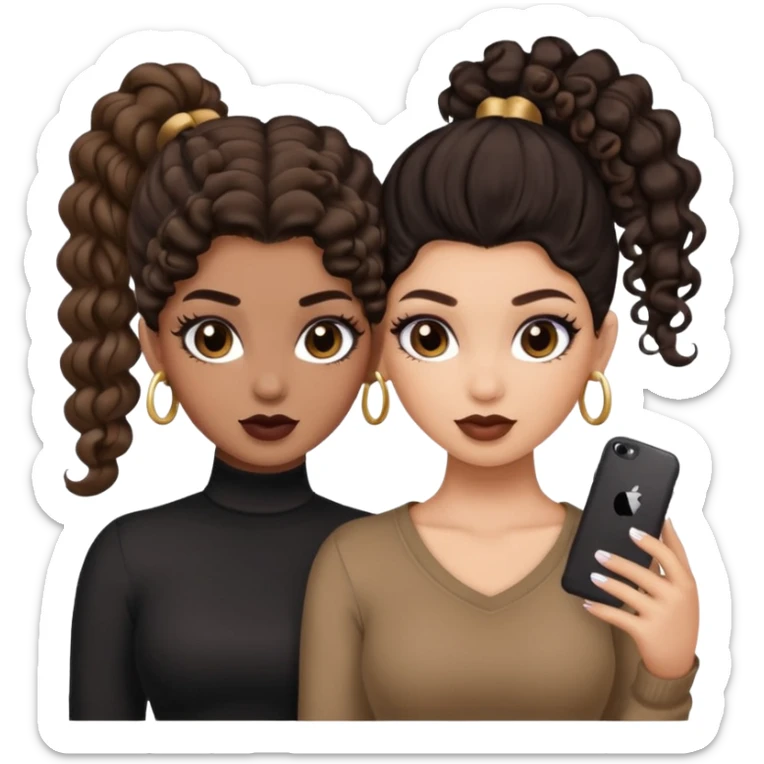 Boujy baddie best friends, trendy heavy makeup both dark hair one light skinned and one mocha brown with curls and one with ponytail sticker