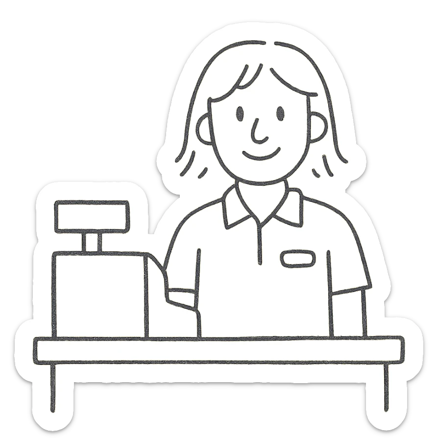 Gender-neutral cashier with shoulder-length hair, standing behind a cashier desk, smiling, wearing a neutral-colored uniform sticker