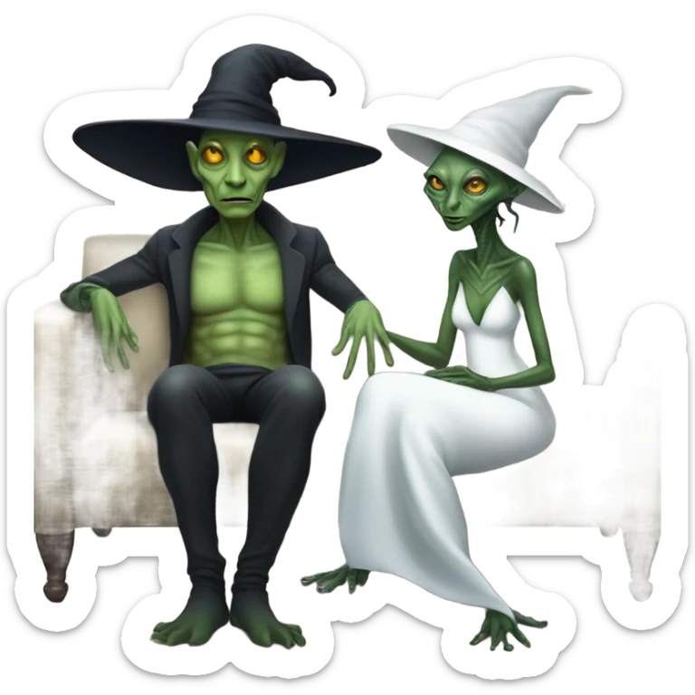 alien reptilian woman as witch, normal human male in white dress, sitting on a couch  sticker
