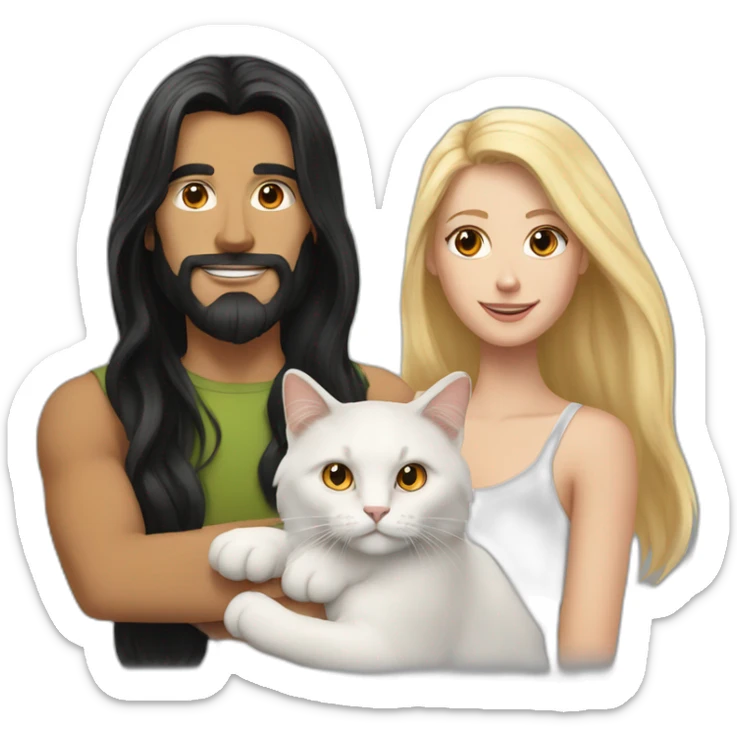 A white man with long black hair, Blonde white woman holding an orange and white cat with long hair sticker
