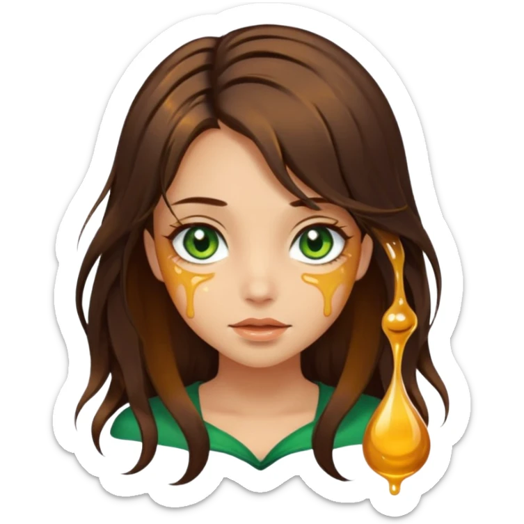 Pretty girl, with dark brown honey hair and green eyes and hair strands dripping honey sticker