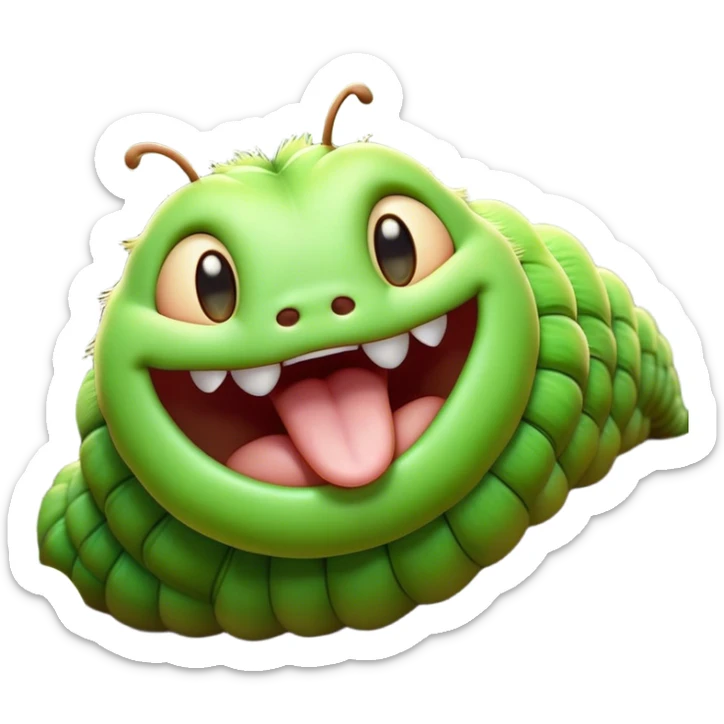 Cinematic Realistic Cute Yawning Caterpillar Portrait Emoji, Head tilted slightly with a dramatic, wide-open yawn, showcasing a soft, downy segmented body in vivid green with subtle drooping and half-closed, drowsy eyes, rendered with intricate natural texture and gentle shadows, high shine, relaxed yet expressive, styled with a dash of woodland charm, soft glowing outline, capturing the essence of a sleepy yet affectionate caterpillar that appears ready to stretch out and rest among the leaves! sticker