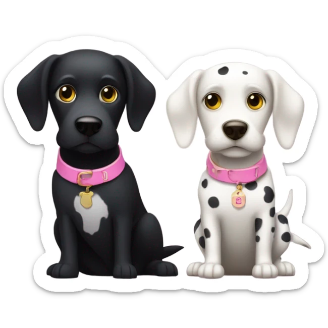 Black dog with white spotty legs and pink collar sitting next to bigger black dog with white legs and yellow collar sticker