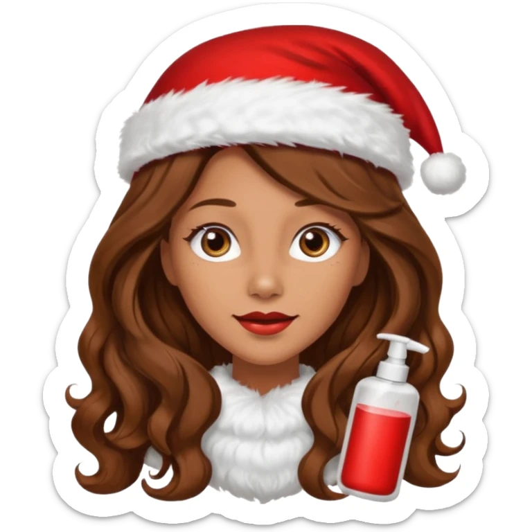 mujer peinandose en la peluqueria y con un gorro de navidad, cabello largo café y ondulado sticker