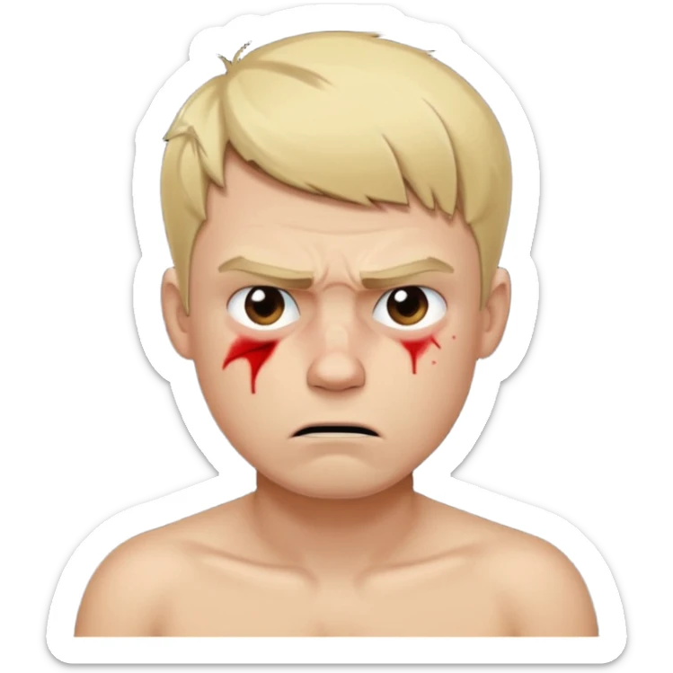 a blond guy with a short haircut, a tired and angry face, no shirt, with bruises under his eyes, and signs of beatings on his body, in the dark sticker