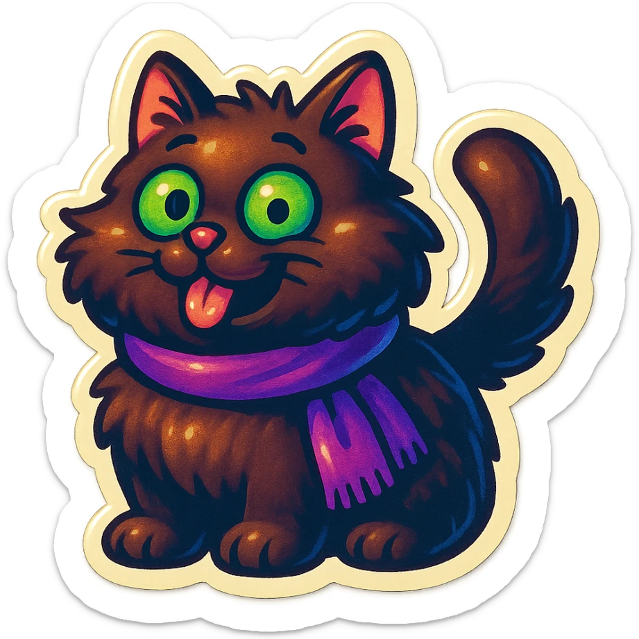 Fluffy cute derpy silly goofy funny dark-brown cat with green eyes and a purple scarf  sticker