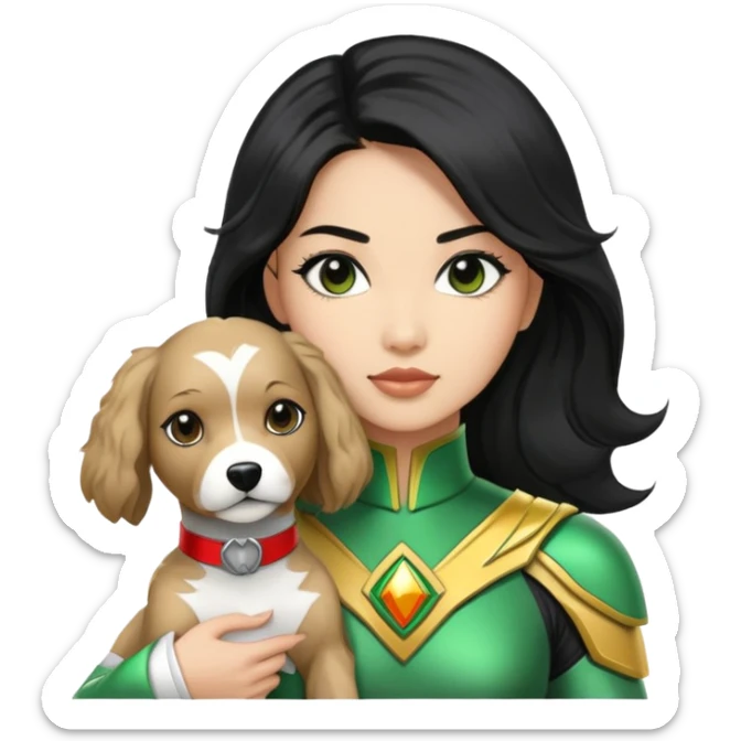 female green power ranger with wasian features, long black hair, and a fully light brown cockapoo dog at her side sticker