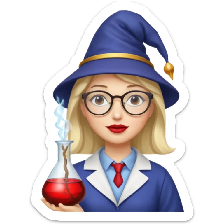 woman scientist with glasses, wearing wizard hat custome, with glass vase, red sticker