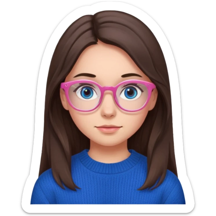 brunette girl whit blue sweater, long hair, brown eyes, pink eyeglasses  sticker