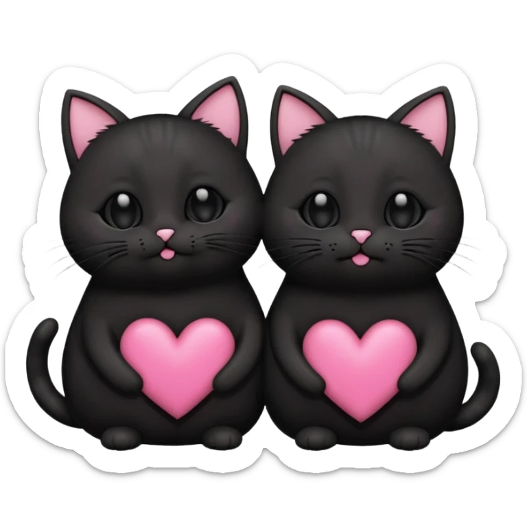 two fat cute black cats love, pink heart, closed mouth, black ears sticker