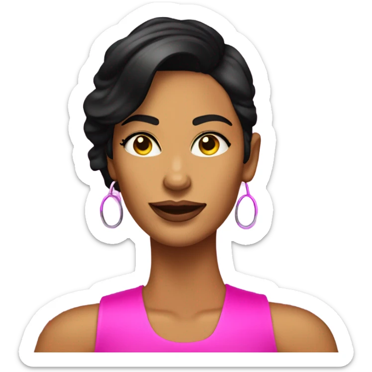 Tanned woman with black hair wearing 1980s style neon outfit and hair sticker