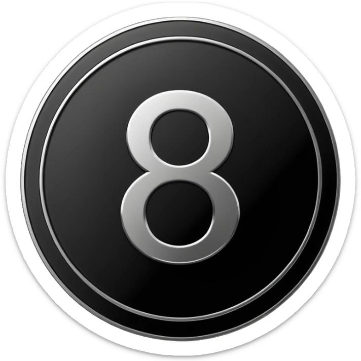 Emoji icon of a metal coin with engraved number 8, minimalist style, isolated, only black color sticker