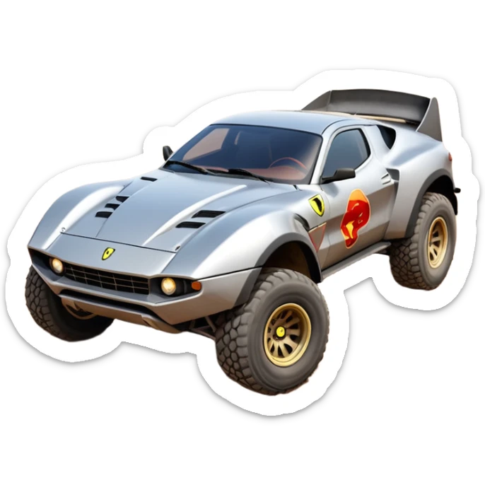 Satan’s Ferrari -colored Dirty and dented Local Motors Rally Fighter off road race car hot rod trophy truck-style basher flying on a dusty road (silver wheels) sticker