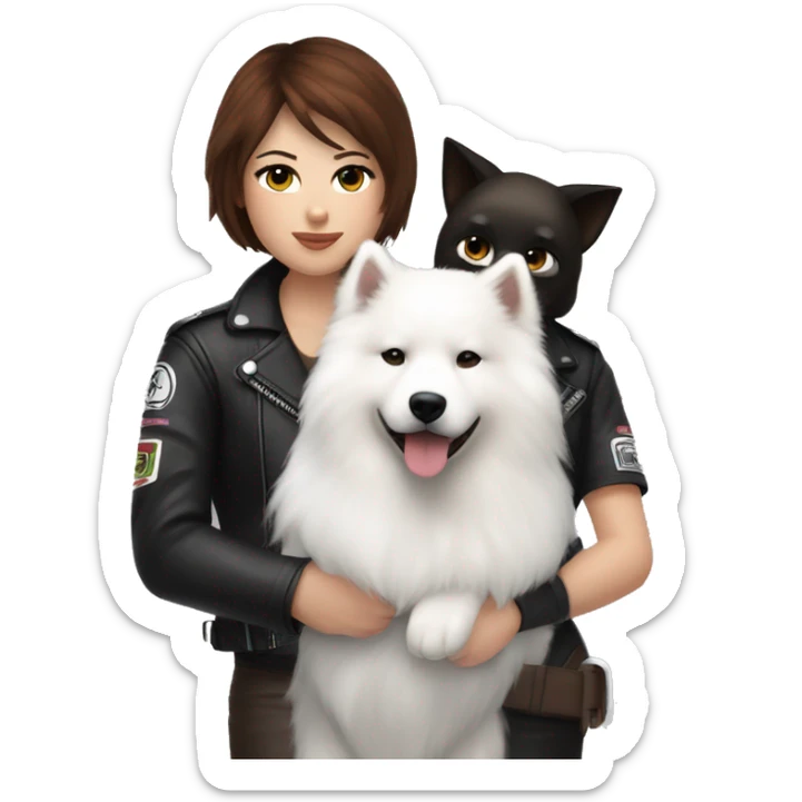 Girl biker white skin and brown short hair with a agv black helmet hugging a white Samoyed sticker
