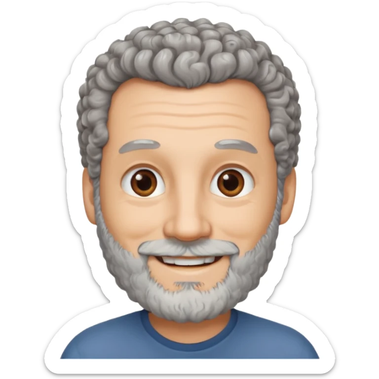 Illustrated emoji of a middle aged man with receding grey curly hair, brown eyes, white skin and a beard sticker
