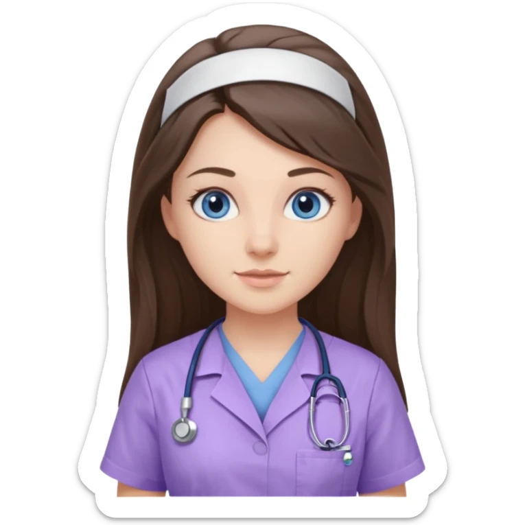 pretty brunette nurse with long hair and blue eyes in lilac scrubs sticker